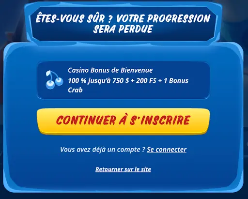 Message de confirmation d'inscription avec option de continuer ou de retourner sur le site