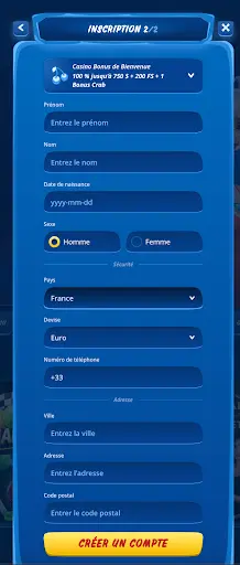 Formulaire d'inscription SG Casino étape 2 avec champs pour les informations personnelles et le pays
