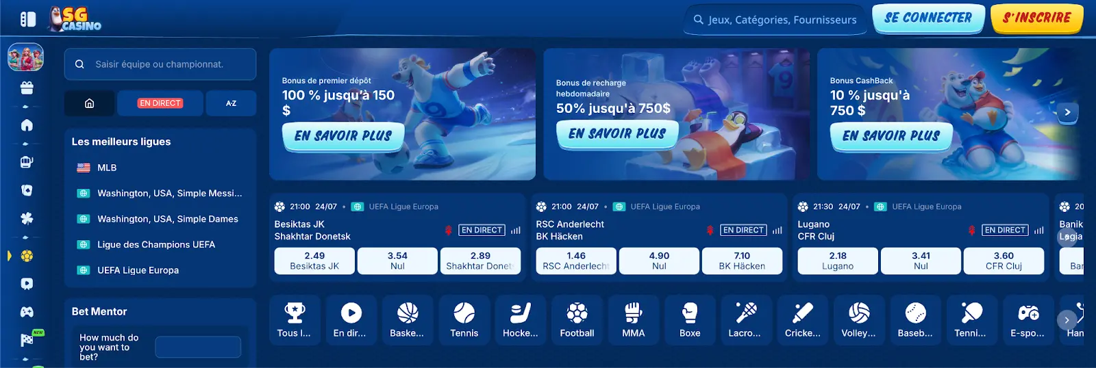 SG Casino – Profitez des paris sportifs en direct et recevez jusqu'à 750 $ en bonus de bienvenue Interface de SG Casino avec paris sportifs en direct, promotions de bonus et options de connexion