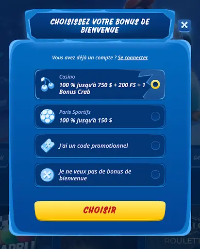 Fenêtre de sélection du bonus de bienvenue sur SG Casino avec options pour casino, paris sportifs, code promotionnel ou sans bonus