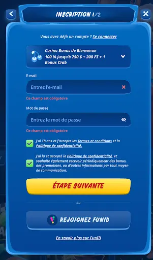 Formulaire d'inscription SG Casino avec champs pour l'e-mail, le mot de passe et la sélection du bonus de bienvenue